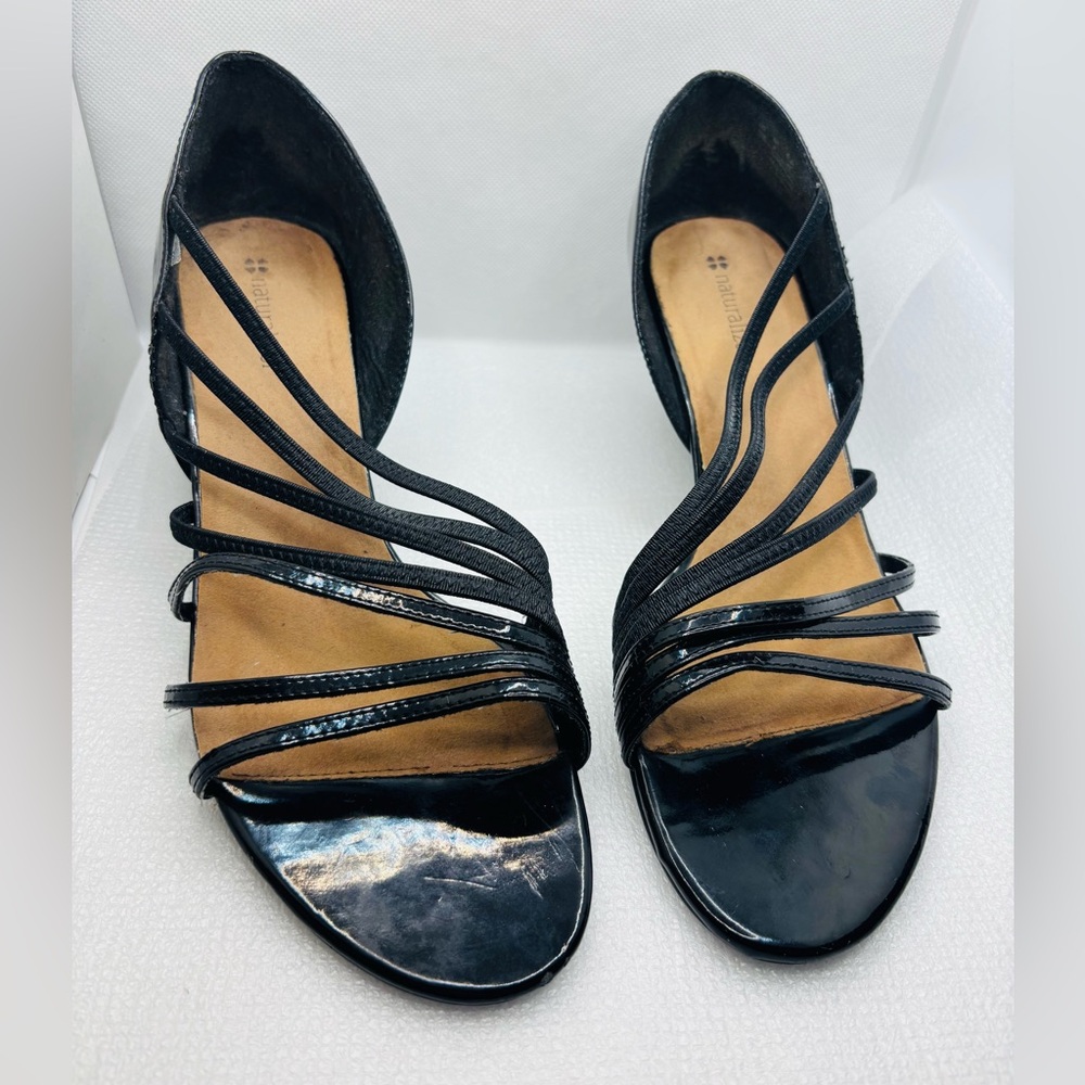 Naturalizer Black Patent Leather Strappy Slip On Shoe Wedge Heel Sz 10 M